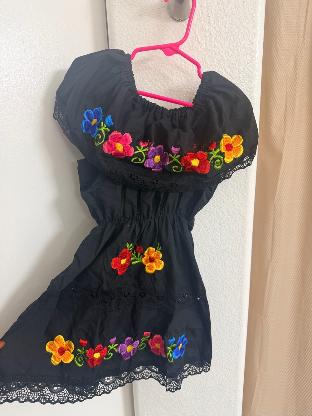 Black Embroidered Floral Off-Shoulder Kids Dress by